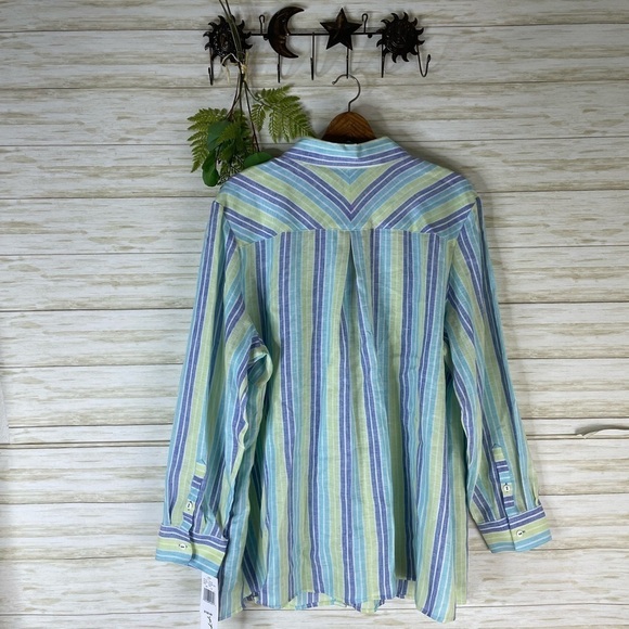 NWT Foxcroft NYC Blue Green Vertical Striped Linen Button Down Shirt - Picture 6 of 6